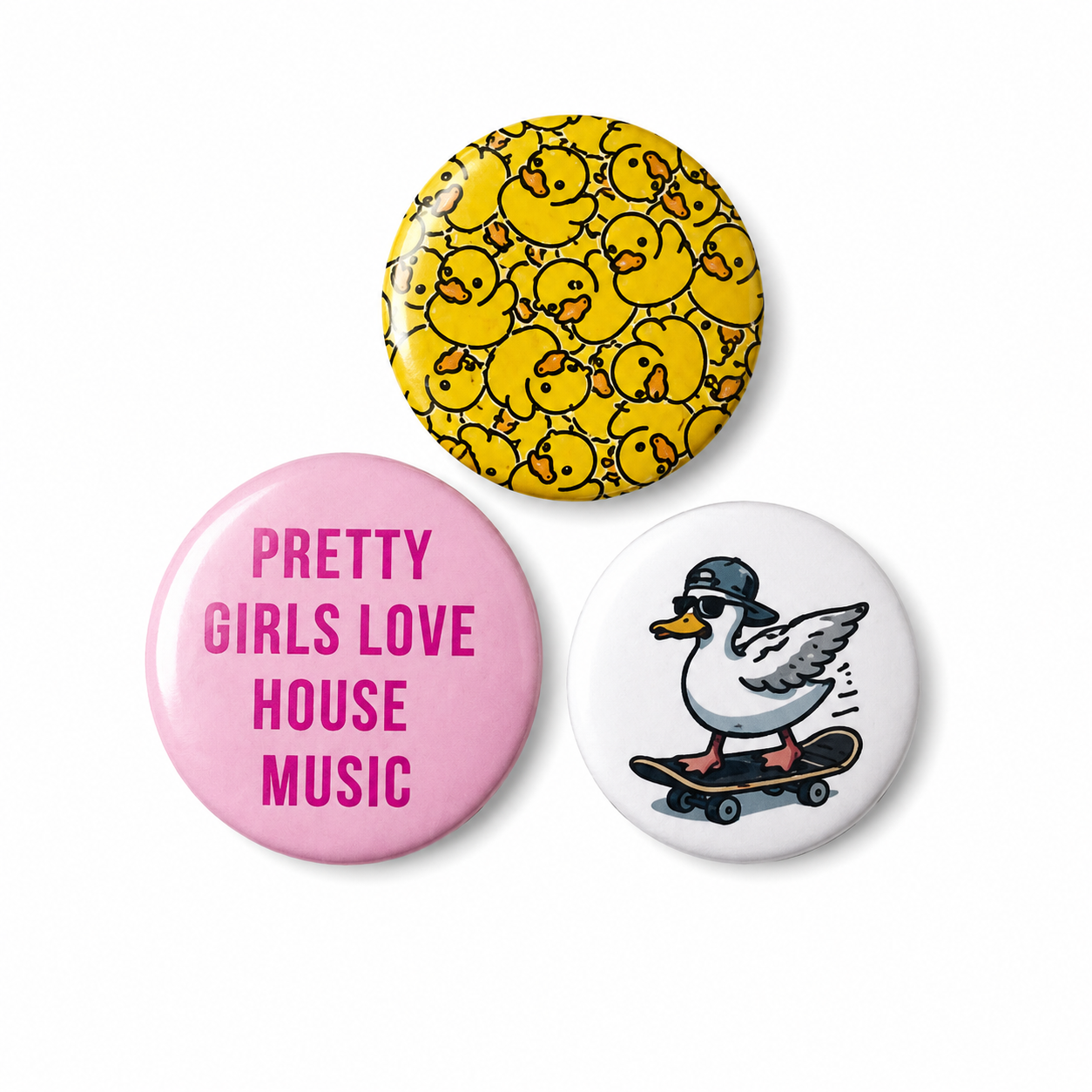Set van 3 speelse buttons – Eendjes, House Music & Skateboard Eend