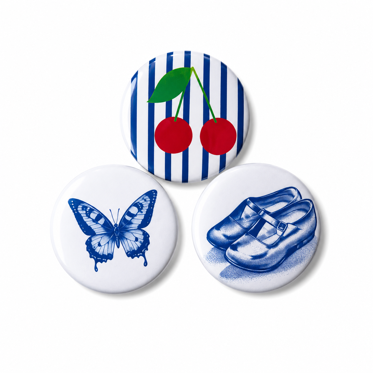 Set van 3 retro buttons – Kersen, Vlinder & Klompjes