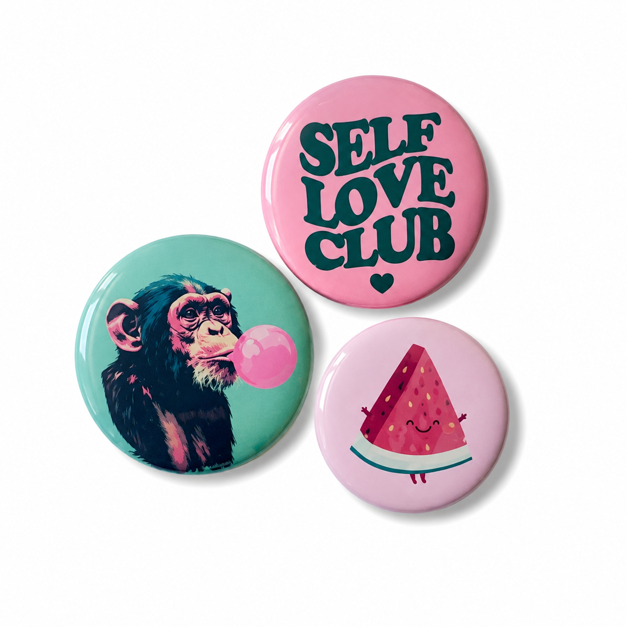 Set van 3 vrolijke buttons – Self Love Club, Aap & Watermeloen