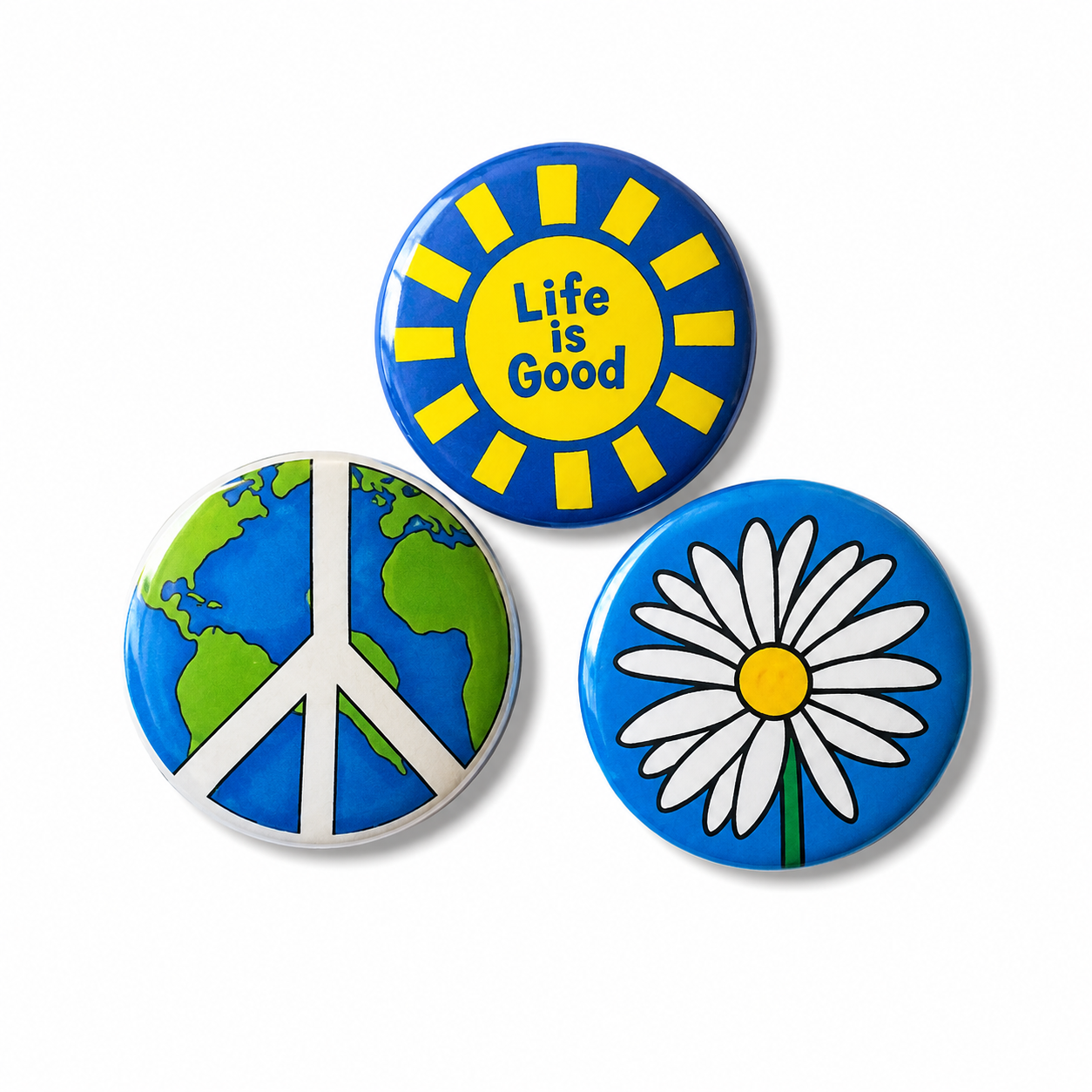 Set van 3 positieve buttons – Life is Good, Peace & Madelief