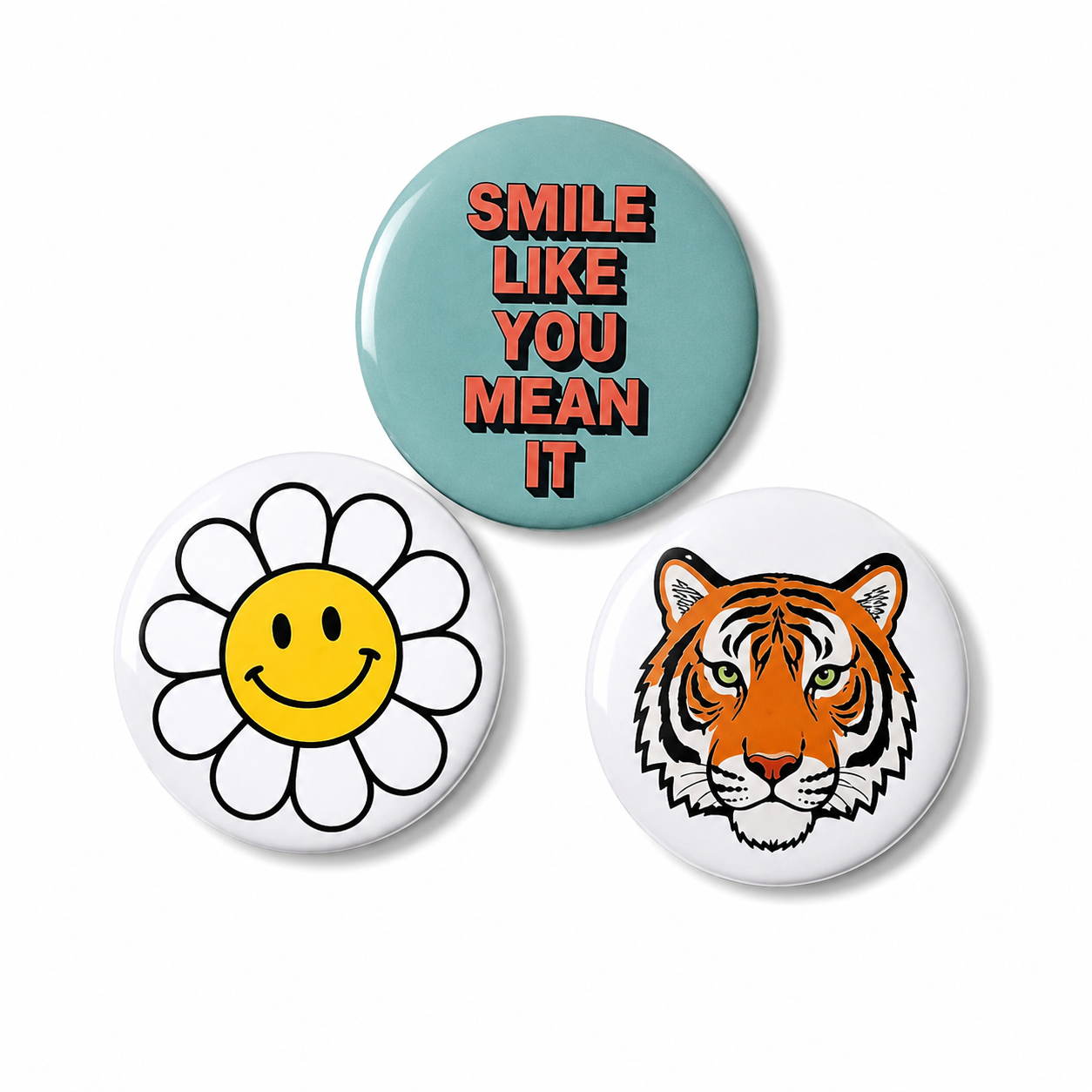 Set van 3 positieve buttons – Smile Like You Mean It, Tijger & Smiley Bloem