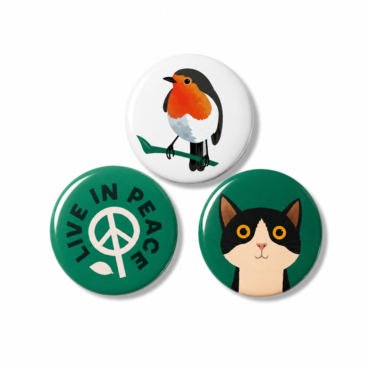 Set van 3 natuur buttons – Roodborstje, Live in Peace & Kat