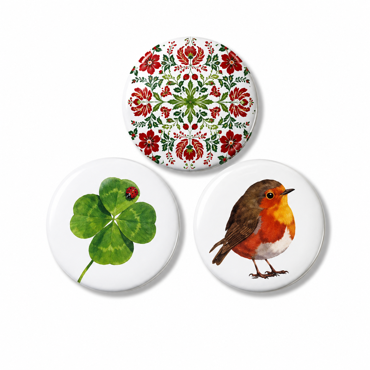 Set van 3 natuur buttons – Roodborstje, Klavertje Vier & Bloemen