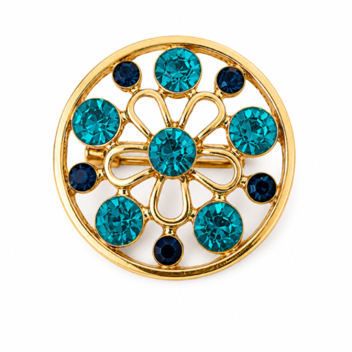 Goudkleurige Ronde Bloem Broche met Blauwe strasssteentjes – Ø 2,5 cm