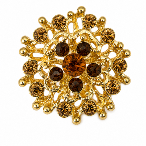 Goudkleurige Broche met Bruine strasssteentjes – Vintage Filigraan Ø 2,5 cm