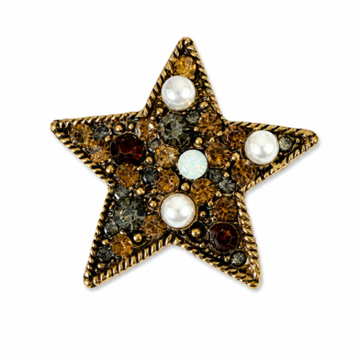 Goudkleurige Ster Broche met Bruine strass en Parels – 4 cm