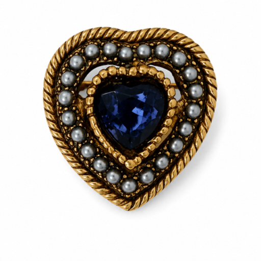 Goudkleurige Hart Broche met Donkerblauw strass en Parels – 2 cm