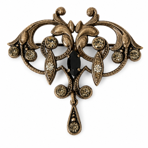 Vintage Bronskleurige Broche met Zwarte Steen en Strass – 4 x 4 cm