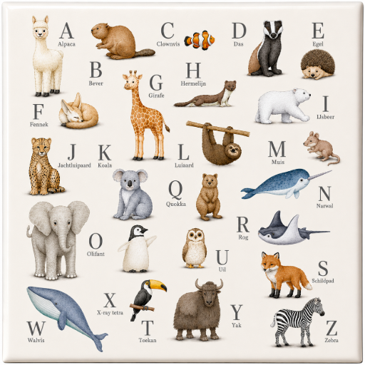 Tegeltje Alfabet dieren 15x15 cm Handgemaakt cadeau