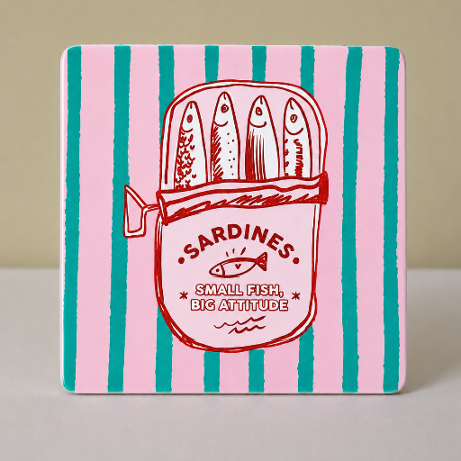 Mini Tegeltje sardines 5 x 5 cm Handgemaakt cadeau