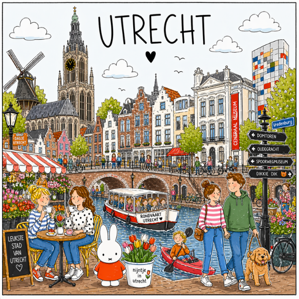 Utrecht tegeltje 15x15 cm Handgemaakte illustratie van Utrecht highlights