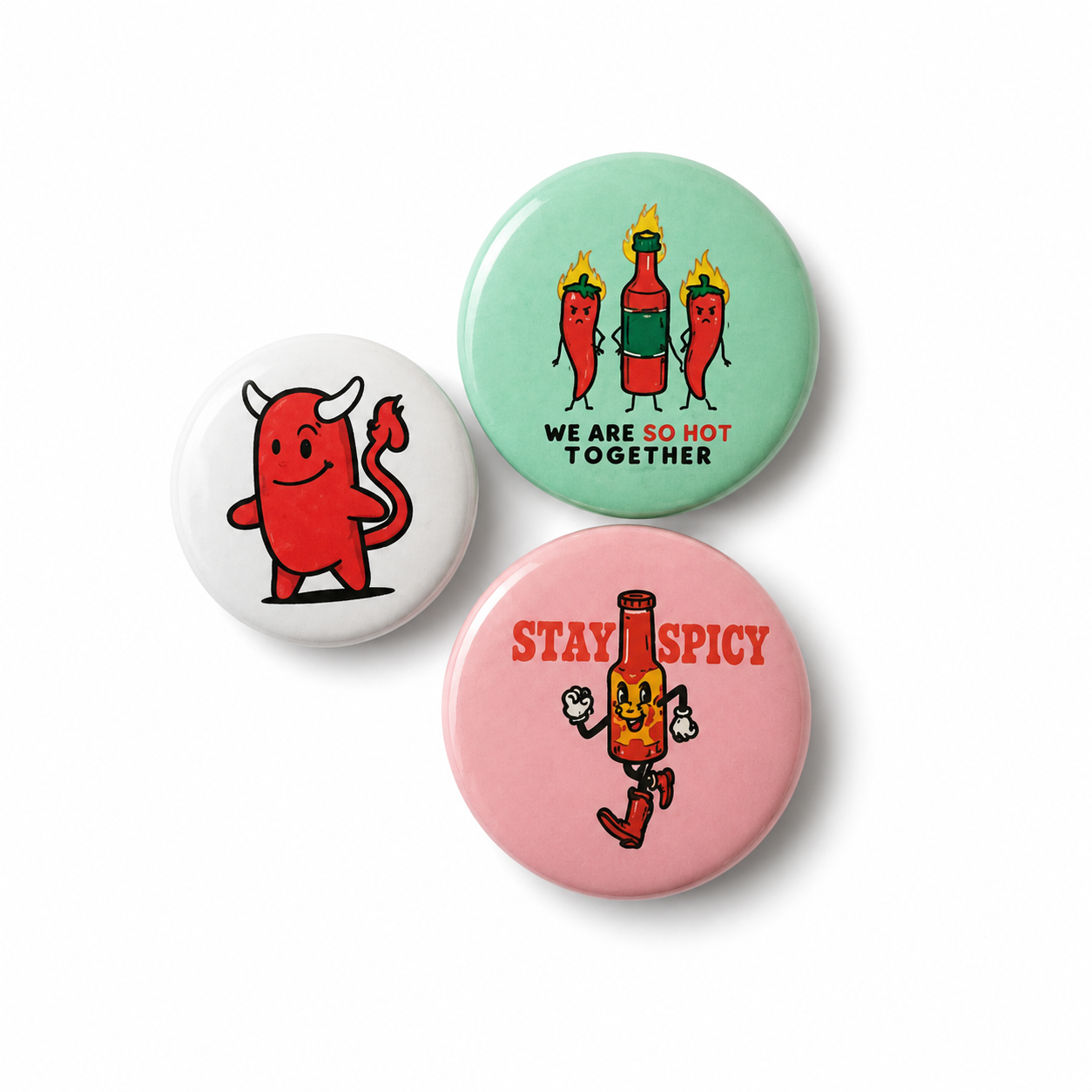 Buttons Set Spicy – Hot Sauce, Chilipepers & Duiveltje – Set van 3