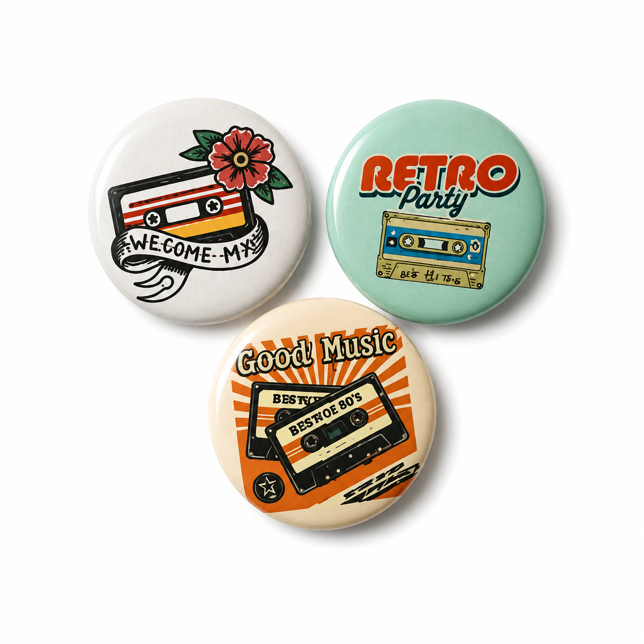 Buttons Set Cassettebandjes – Retro Party & Good Music – Set van 3