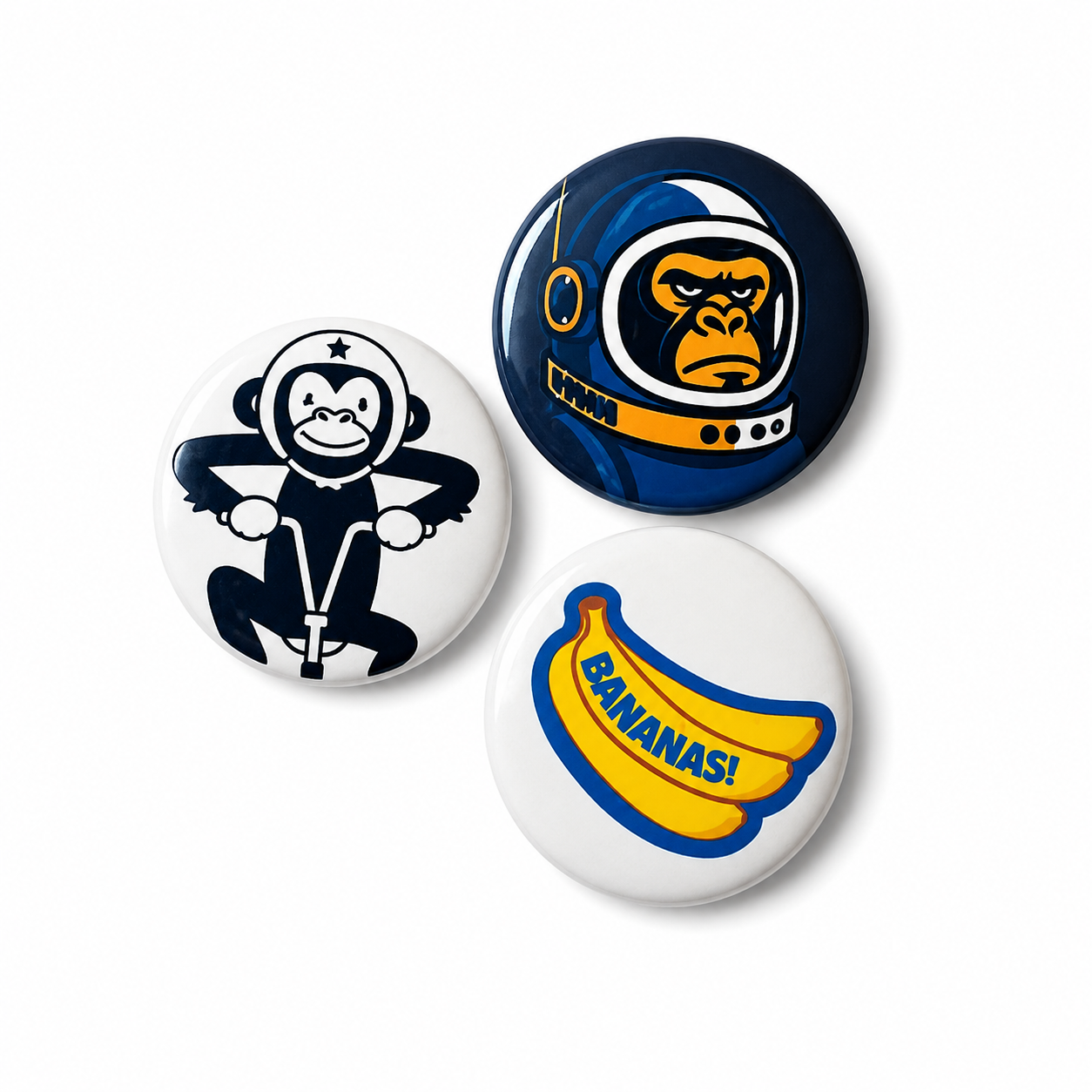 Buttons Set Apen – Astronaut, Fiets & Bananas – Set van 3