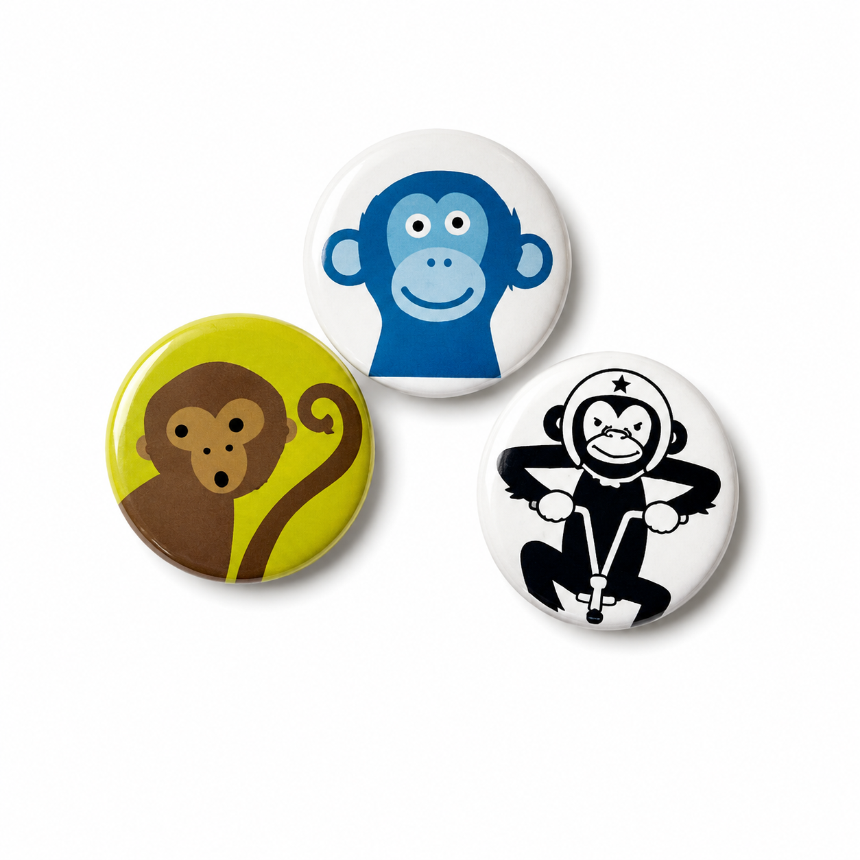 Buttons Set Apen – Cartoon Aapjes & Fietsende Aap – Set van 3