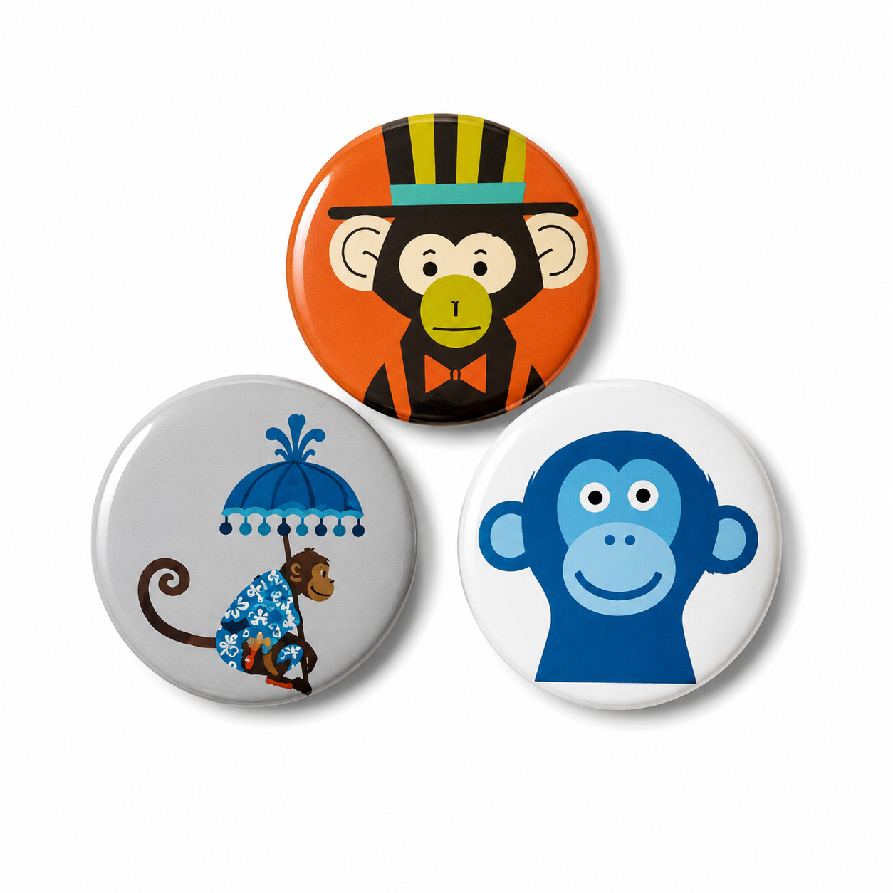 Buttons set van 3 Apen- aap met hoge hoed, een blauwe lachende aap, tropische aap