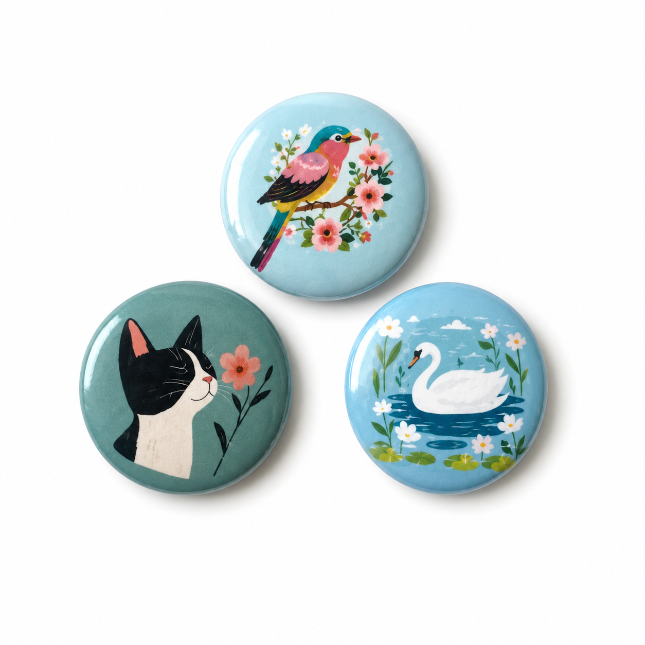 Set van 3 dieren buttons – Kat, vogel en zwaan