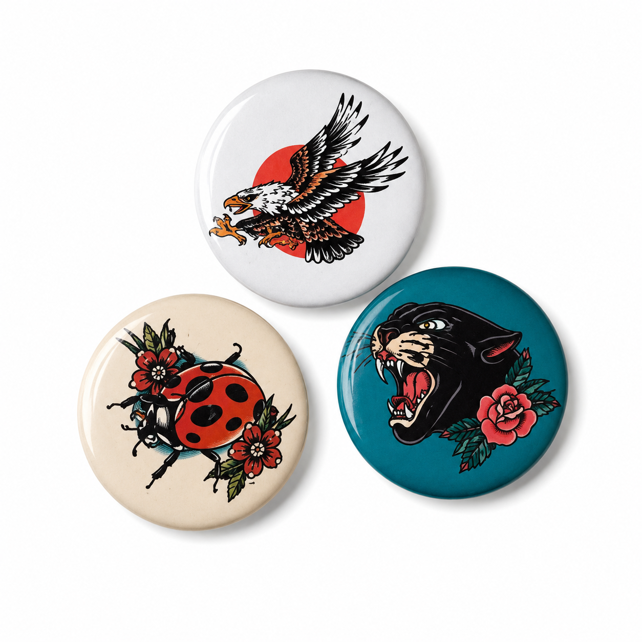 Set van 3 retro tattoo buttons – Adelaar, Panter & Lieveheersbeestje