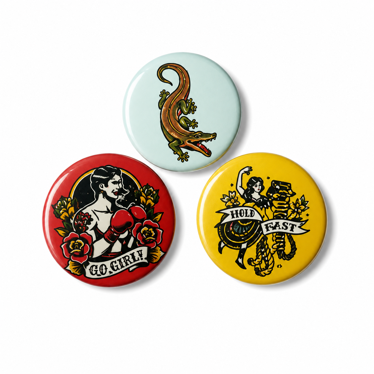 Set van 3 tattoo style buttons – Krokodil, Go Girl & Hold Fast