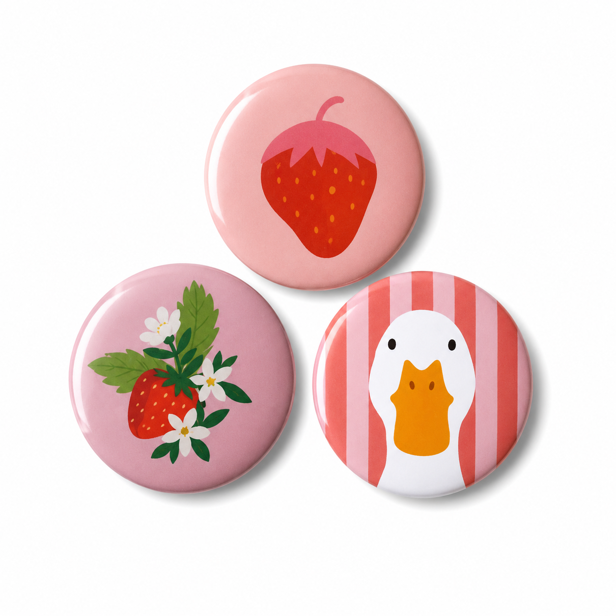 Set van 3 vrolijke buttons – Aardbeien & Eend