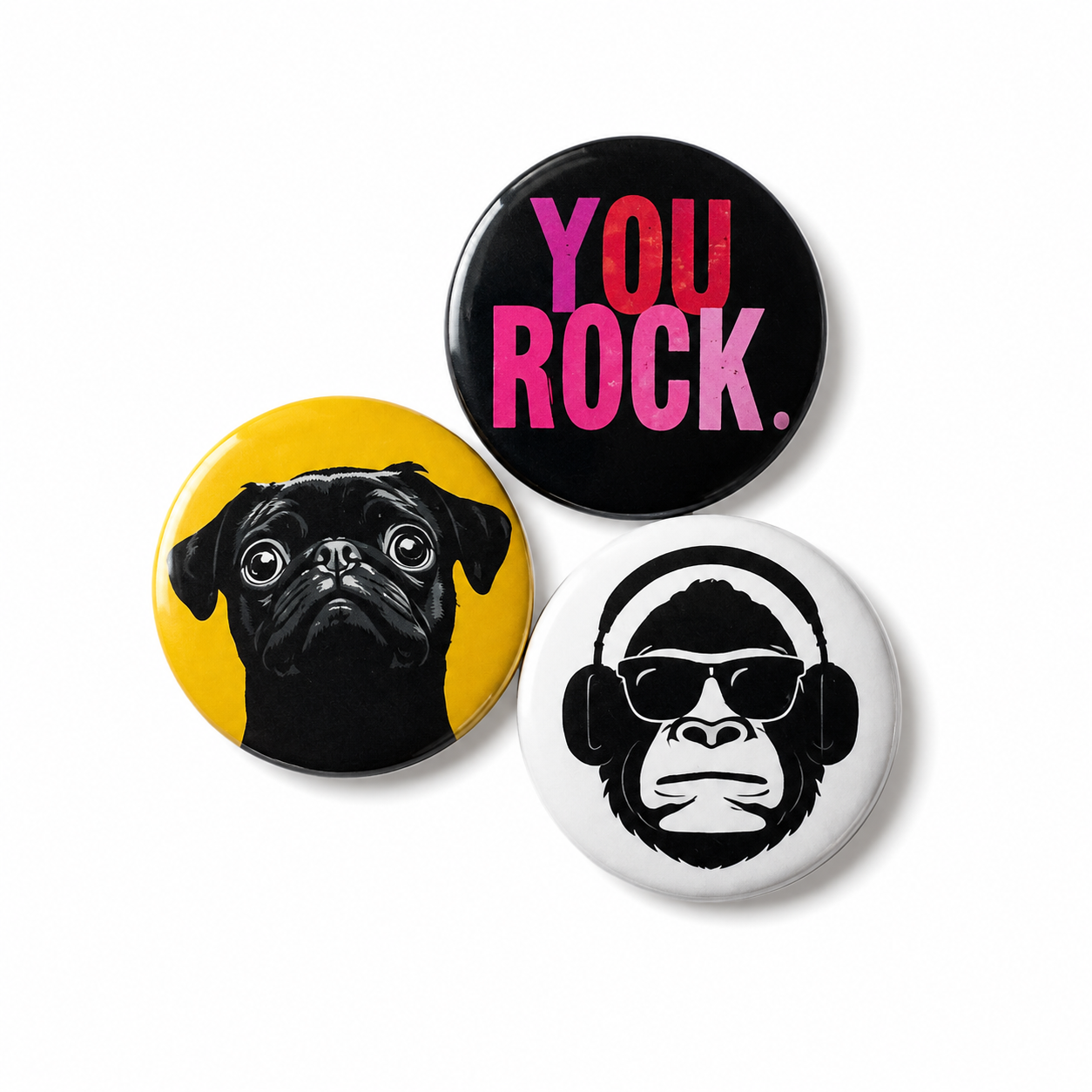 Set van 3 stoere buttons – You Rock, Mopshond & DJ Aap