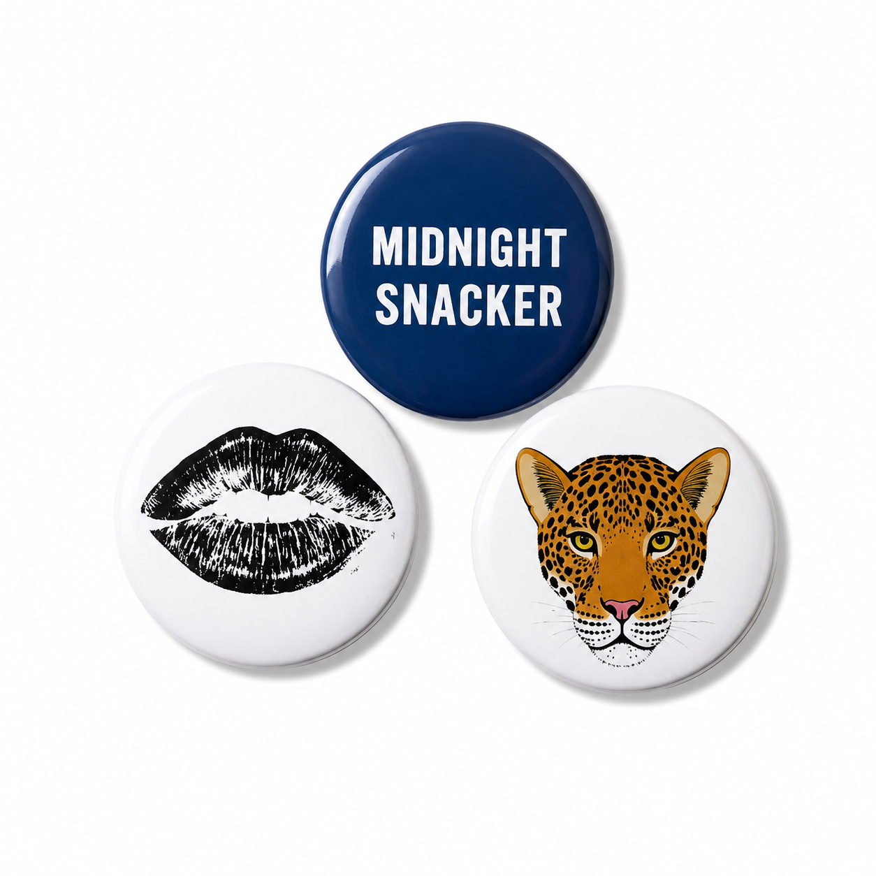 Set van 3 stijlvolle buttons – Midnight Snacker, Lippen & Luipaard