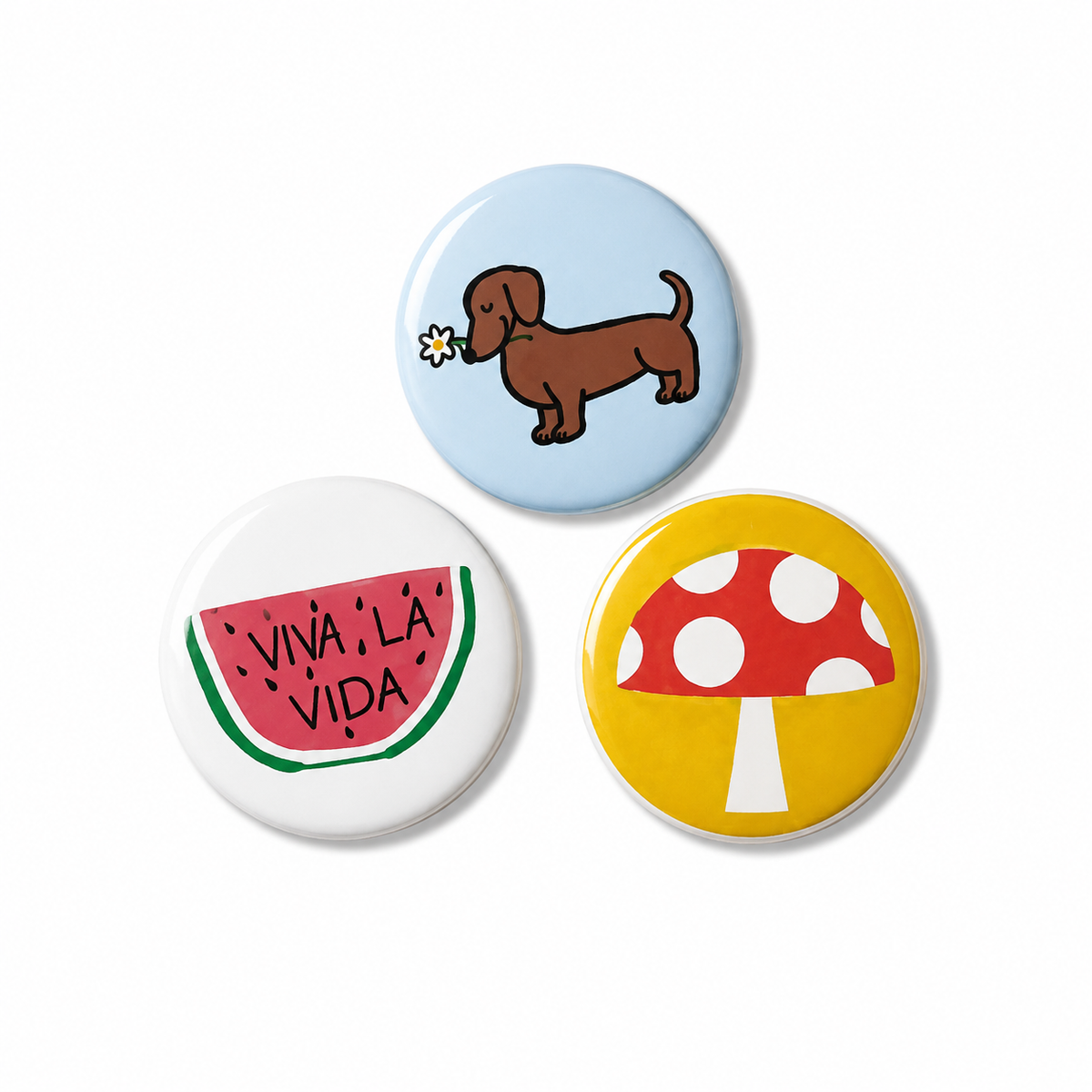 Set van 3 vrolijke buttons – Teckel, Viva la Vida & Paddenstoel