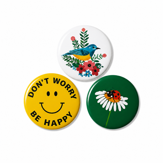 Set van 3 vrolijke buttons – Don't Worry Be Happy, Vogel & Madelief