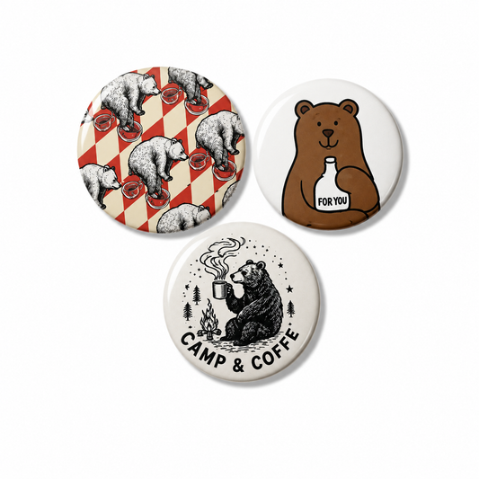 Set van 3 beren buttons – Camp & Coffee, Beer & Berenpatroon