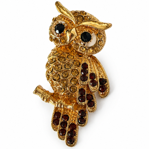 Goudkleurige Uil Broche met Bruine strass – 4 cm