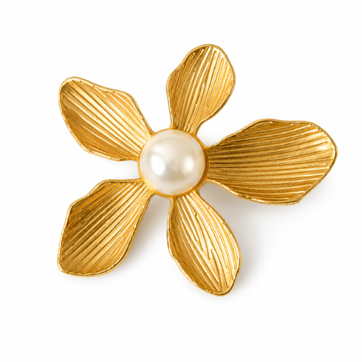 Goudkleurige Bloem Broche met Parel – Vintage Stijl Ø 4 cm