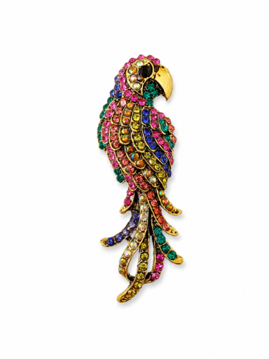 Goudkleurige Papegaai Broche met Veelkleurige strass – 6 cm