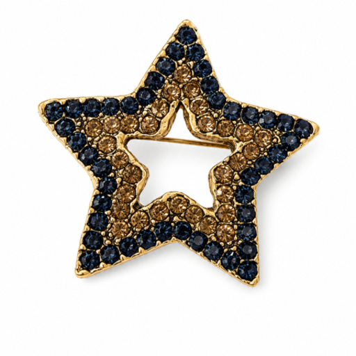 Goudkleurige Open Ster Broche met Donkerblauwe en Goudkleurige strass – 3 cm