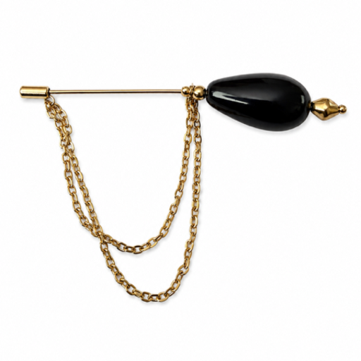 Vintage Broche Reversspeld Goudkleurig met Zwarte Druppelkraal en Ketting