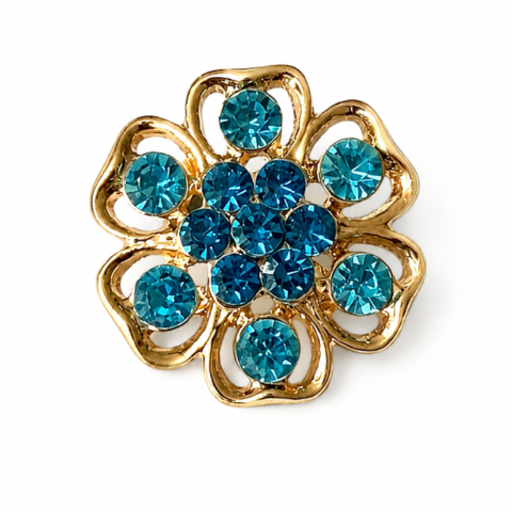 Goudkleurige Bloem Broche met Blauwe strasssteentjes – 3 cm