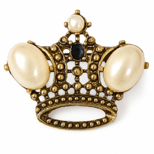 Goudkleurige Kroon Broche met Parels – Vintage Stijl 5 x 4 cm
