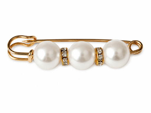 Goudkleurige Speldbroche met 3 Parels en Strass – 6 cm