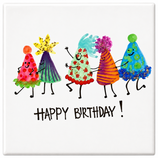 Mini Tegeltje Happy birthday Feestmutsen 5 x 5 cm