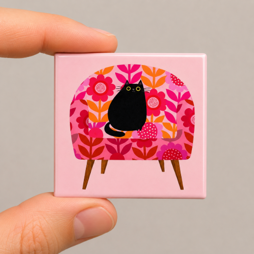 Mini tegeltje Kat op stoel roze 5 x 5 cm