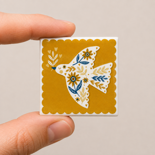 Mini tegeltje Vogel folk art 5 x 5 cm
