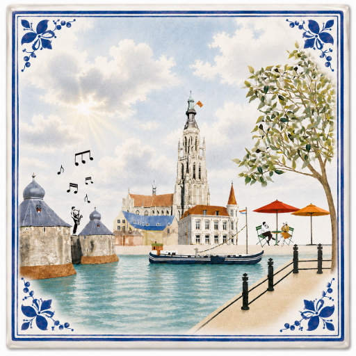 Tegeltje Breda haven aquarel 10x10 cm Handgemaakt cadeau