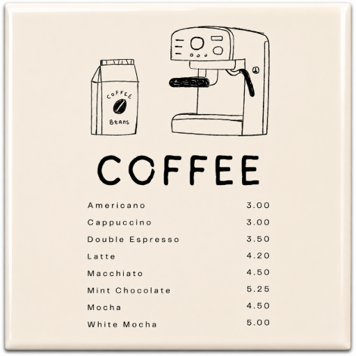 Tegeltje Coffee prijslijst 10x10 cm Handgemaakt cadeau