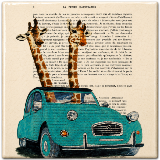 Tegeltje Giraffen in de auto 10x10 cm Handgemaakt cadeau