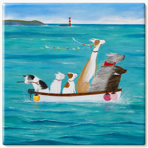 Tegeltje Honden in Boot – Keramisch Tegeltje 10 x 10 cm