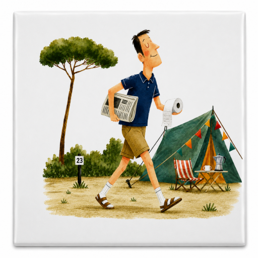 Camping Tegeltje – Man met WC-rol en Krant – Grappig Cadeau voor Kampeerders
