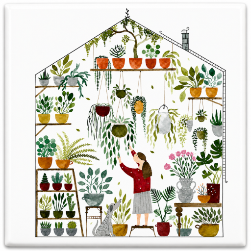Tegeltje planten in huiskamer 10x10 cm handgemaakt cadeau