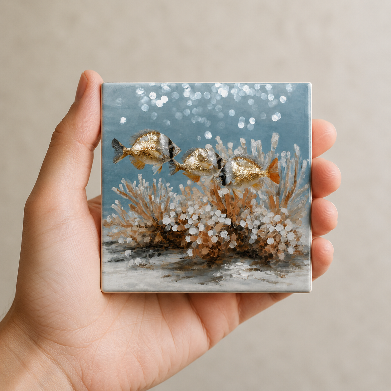 Keramisch tegeltje met gouden vissen – 10x10 cm – Handgemaakt design
