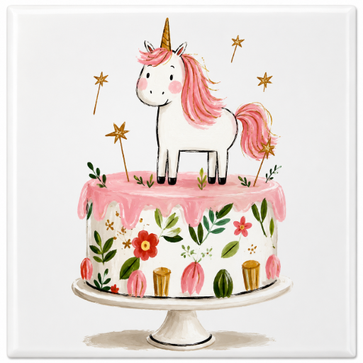 Tegeltje Eenhoorn op taart 10x10 cm – Keramische Decoratie
