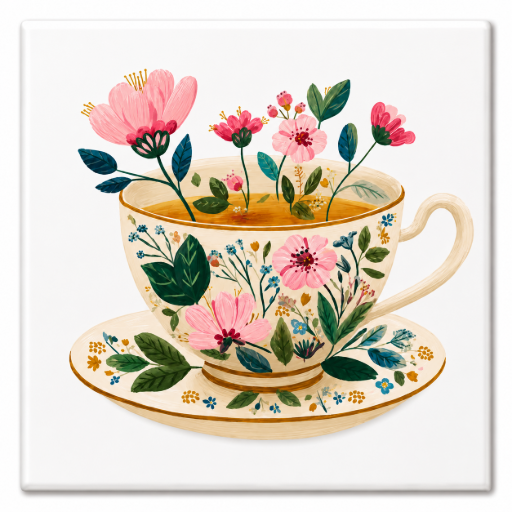 Tegeltje Kleurrijke kop thee met bloemen 10 x 10 cm