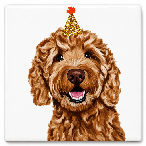 Tegeltje Labradoodle met feestmuts 10 x 10 cm